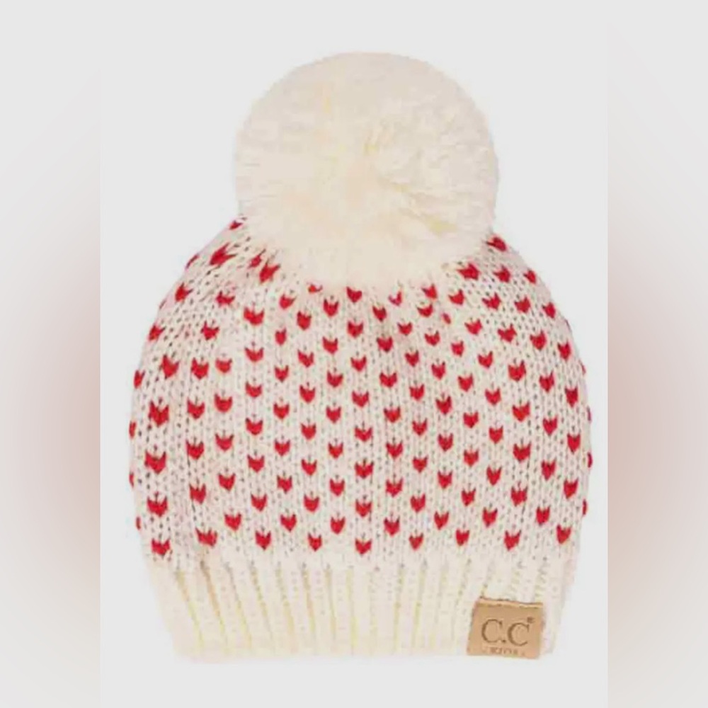 Kids Heart Knit Beanie with Pom
